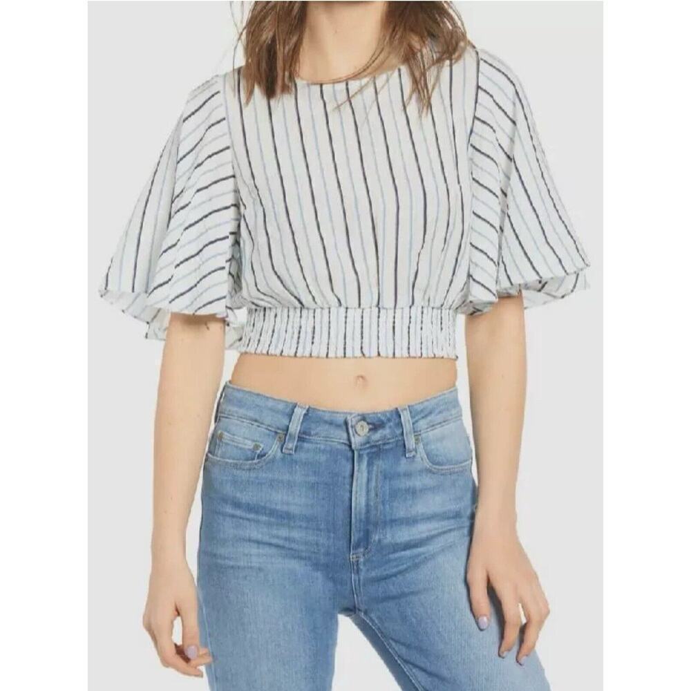 Moon River Striped Linen Flutter Sleeve Smocked Striped Crop Top Size Large